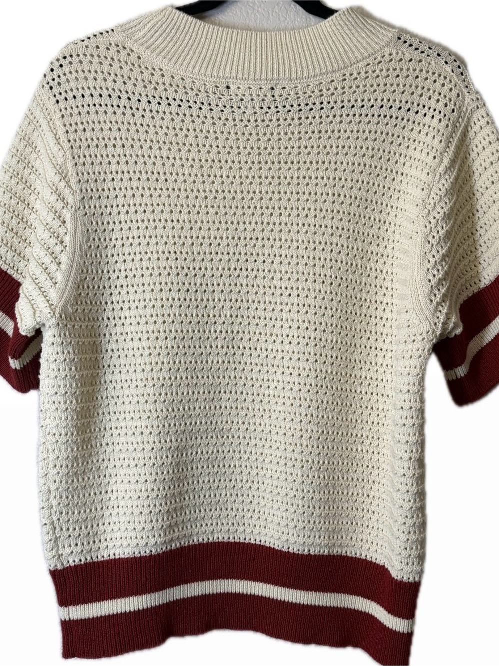 Kut from the Kloth Cream Knit Short Sleeve Sweater with Red Trim size Large - Picture 5 of 8